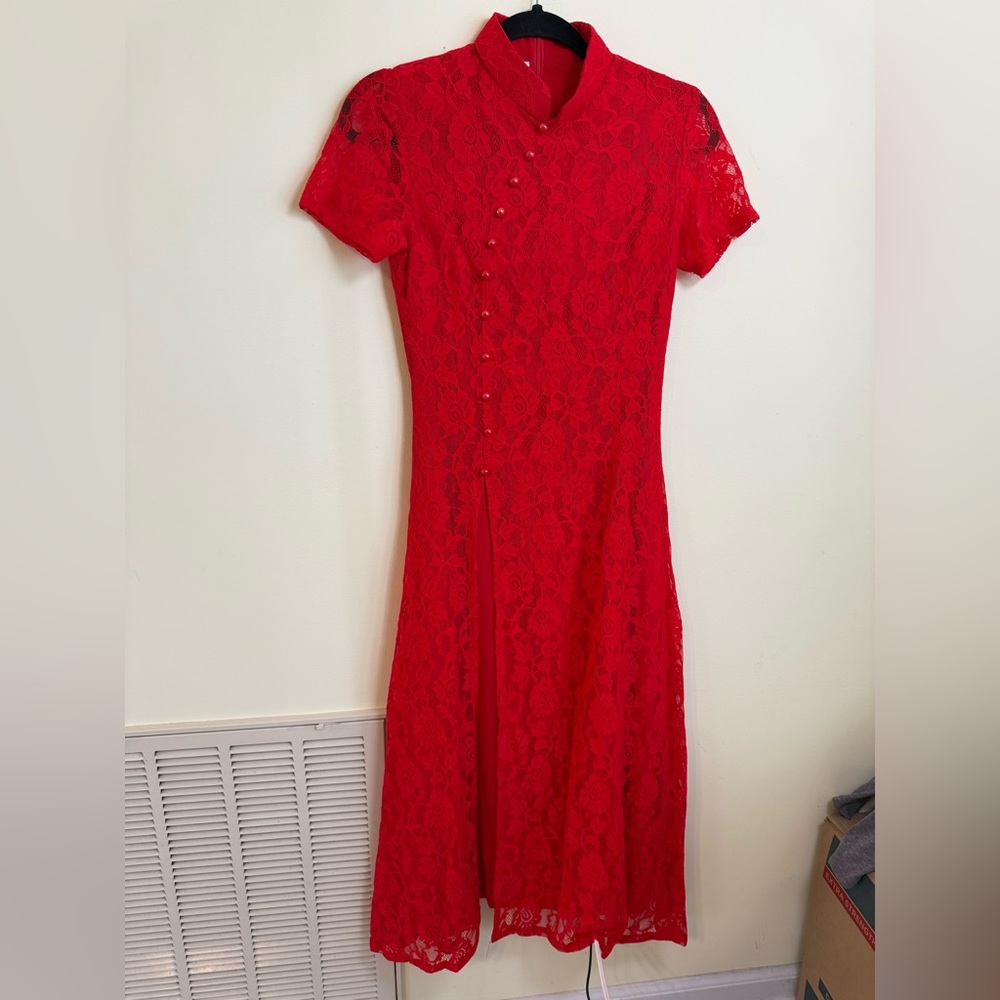 Red Lace Chinese Style Qipao Dress Size Medium